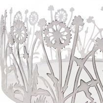 Artikel Dekorativ bakke med mælkebøtter, metaldekoration til forårshvid, sølv shabby chic Ø25cm H10,5cm