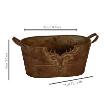 Artikel Oval metalskål med håndtag, hjortemotiv, rustfinish, 36 cm