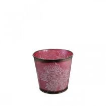 Artikel Dekorativ potte til udplantning, blikspand, metaldekoration med bladmønster vinrød Ø14cm H12,5cm