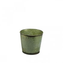 Artikel Plantekasse til efteråret, plantekasse med bladdekoration, metalspand grøn Ø14cm H12,5cm