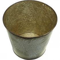 Artikel Planter til efterår, metalspand med bladdekoration, gylden metalbeholder Ø14cm H12,5cm