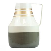 Artikel Vintage metalvase med hank, dekorativ kande, shabby chic, Ø17 cm H23 cm, creme/grå/guld