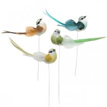Deco fugle, forårsdekoration, fugle med fjer, sommer, fugle på tråd, farverig H3,5cm 12 stk.