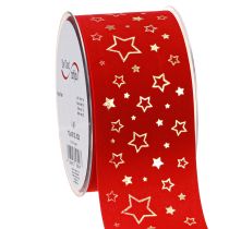 Artikel Julebånd rødt bånd med stjerner trådkant 60mm 20m