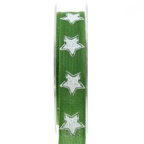 Julebånd linned look med stjerne grøn 25mm 15m