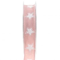 Julebånd linned look med stjerne pink 25mm 15m