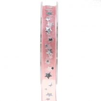 Artikel Julebånd organza pink med stjernemotiv 15mm 20m
