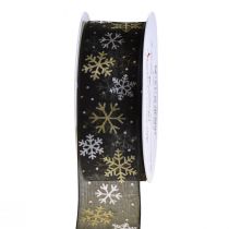 Julebånd organza snefnug sort guld 40mm 15m