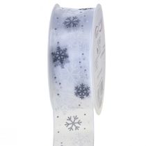 Julebånd organza snefnug hvid grå 40mm 15m