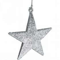Julepynt stjernevedhæng sølvglimmer 9cm 12stk