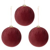 Artikel Julekugle, rødt fløjlslook, til ophængning, 15 cm, 3 stk.