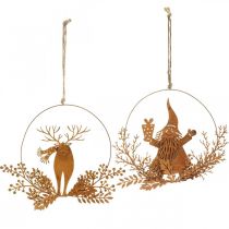 Artikel Dekorativ ring til jul, rensdyr i ringen, julemand med gave, metal dekoration patina Ø18cm sæt med 2 stk.