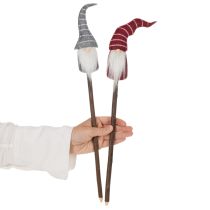 Artikel Dekorativ nissefigur med stribet hat på træpind, 46 cm, 6 stk.
