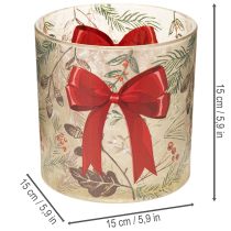 Artikel Glasstage med votivlys med rødt bånd og vintergrene, 15 cm