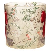 Artikel Glasstage med votivlys med rødt bånd og vintergrene, 15 cm