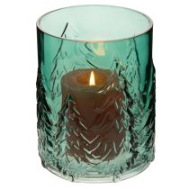Artikel Glas fyrfadsstage med grantræer i relief, juledekoration, 16 cm