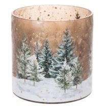 Artikel Glas fyrfadsstage med vinterskov i sne, juledekoration, 20 cm