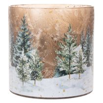 Artikel Glas fyrfadsstage med vinterskov i sne, juledekoration, 20 cm
