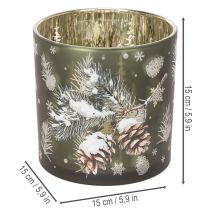 Artikel Glas fyrfadsstage med kogler og snefnug, 15 cm