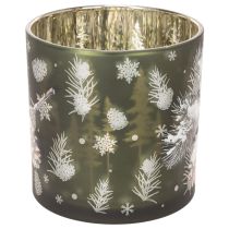 Artikel Glas fyrfadsstage med kogler og snefnug, 15 cm