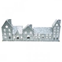 Artikel Række af huse, metaldekoration til belysning, adventsdekoration, sølvlanterne L52cm H20cm
