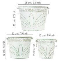 Artikel Præget metalplantekasse med håndtag, hvid og grøn, shabby chic stil, H22/19,5/17,5 cm, Ø25,5/20,5/15,5 cm, sæt med 3 stk.