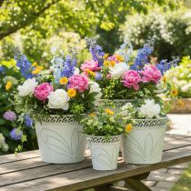 Artikel Præget metalplantekasse med håndtag, hvid og grøn, shabby chic stil, H22/19,5/17,5 cm, Ø25,5/20,5/15,5 cm, sæt med 3 stk.