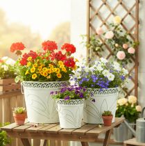 Artikel Præget metalplantekasse med håndtag, hvid og grøn, shabby chic stil, H22/19,5/17,5 cm, Ø25,5/20,5/15,5 cm, sæt med 3 stk.