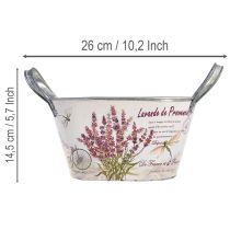 Artikel Oval metalblomsterskål med håndtag, lavendel, 26×13×14,5 cm