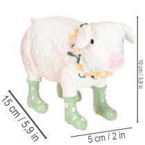 Artikel Dekorativ gris med gummistøvler – Sjov bondegårdsfigur med blomsterkrans 15,5 cm