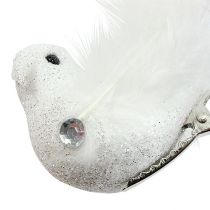 Dekorativ fugl på klemmen med glitter hvid 14 cm 2stk