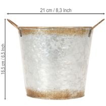 Artikel Dekorativ potte med håndtag, plantespand, metalbeholder, sølv, forvitret stål, Ø17 cm H16,5 cm