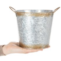 Artikel Dekorativ potte med håndtag, plantespand, metalbeholder, sølv, forvitret stål, Ø17 cm H16,5 cm
