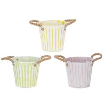 Artikel Spand til plantning, plantekasse med håndtag, metaldekoration pink/grøn/gul shabby chic Ø16,5 cm H15 cm 3-delt sæt