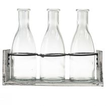 Artikel Rustikt flaskesæt i træstøtte - 3 glasflasker, grå-hvide, 24x8x20 cm - Alsidig til dekoration
