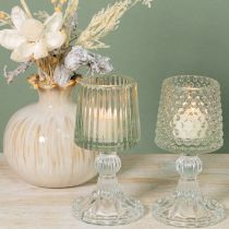 Artikel Glas fyrfadsstage med prikker og riller i bunden H15cm 2 stk.