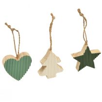 Artikel Juletræ vedhængssæt, hjerte-træ-stjerne, mint-grøn-hvid, 4,5 cm, 9 dele - juledekoration