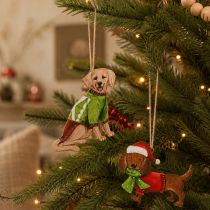 Artikel Hundejuleophæng, dekorativt hængende ornament, hund med tørklæde og hue, 12 cm, 2 stk.