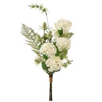 Artikel Kunstig blomsterbuket: sneboldbusk, vild teasel, bregne, 65 cm - dekoration, naturligt look, nem pleje