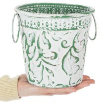 Artikel Metalpotter med hanke, plantekasser med prægning, hvid, grøn, shabby chic, H20,5/18,5/16 cm, Ø25,5/20,5/15,5 cm, sæt med 3