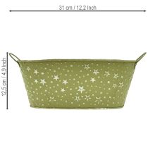 Artikel Oval metalskål med stjerner og hanke, grøn, 31×16 cm, H12,5 cm