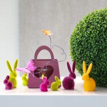 Artikel Minikaniner Farverige påskeharer flokket Assorteret – 2. valg – H6cm 12 stk.
