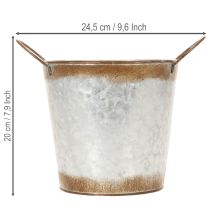 Artikel Metalplantekasse, blomsterskål, urtepotte med sølvhåndtag, forvitret stålfinish, Ø18 cm H20 cm