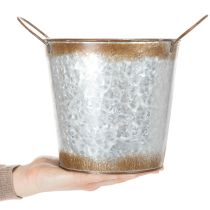 Artikel Metalplantekasse, blomsterskål, urtepotte med sølvhåndtag, forvitret stålfinish, Ø18 cm H20 cm
