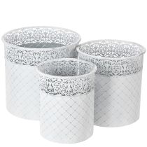 Artikel Urtepotte med hulmønster, metalbeholder, dekorativ spand, hvid, sølv, shabby chic, H28/25,5/23,5 cm, Ø29,5/25,5/20 cm, sæt med 3 stk.