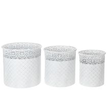 Artikel Urtepotte med hulmønster, metalbeholder, dekorativ spand, hvid, sølv, shabby chic, H28/25,5/23,5 cm, Ø29,5/25,5/20 cm, sæt med 3 stk.