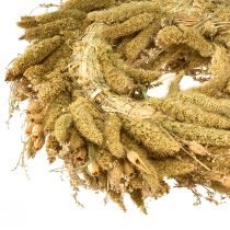 Artikel Dekorativ tørret krans med kardebøtter og hirse i gul-olivengrøn, naturlig landstil, Ø28 cm, alsidig væg- og borddekoration