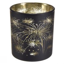 Artikel Elegant glaslanterne med fyrværkeridesign - sort og guld, 9 cm - ideel dekoration til festlige lejligheder - pakke med 6