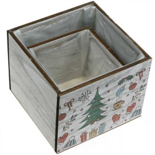 Artikel Træplantekasse juledekoration hvid, farvet 20 × 20/15 × 15 cm, sæt med 2 stk.