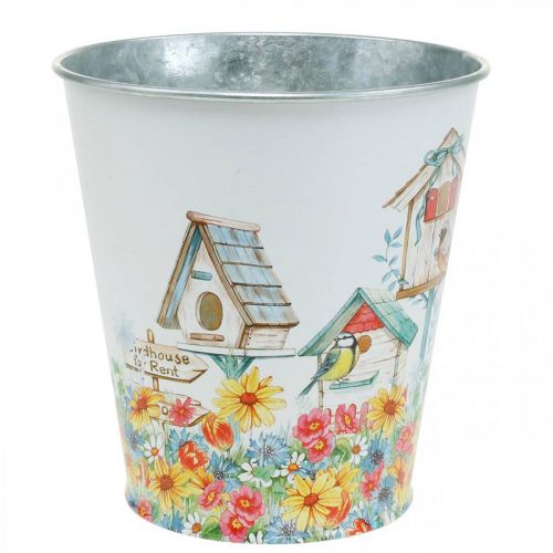 Blikpotte med fuglehuse, sommerdekoration, plantekasse H14,5cm Ø13,5cm